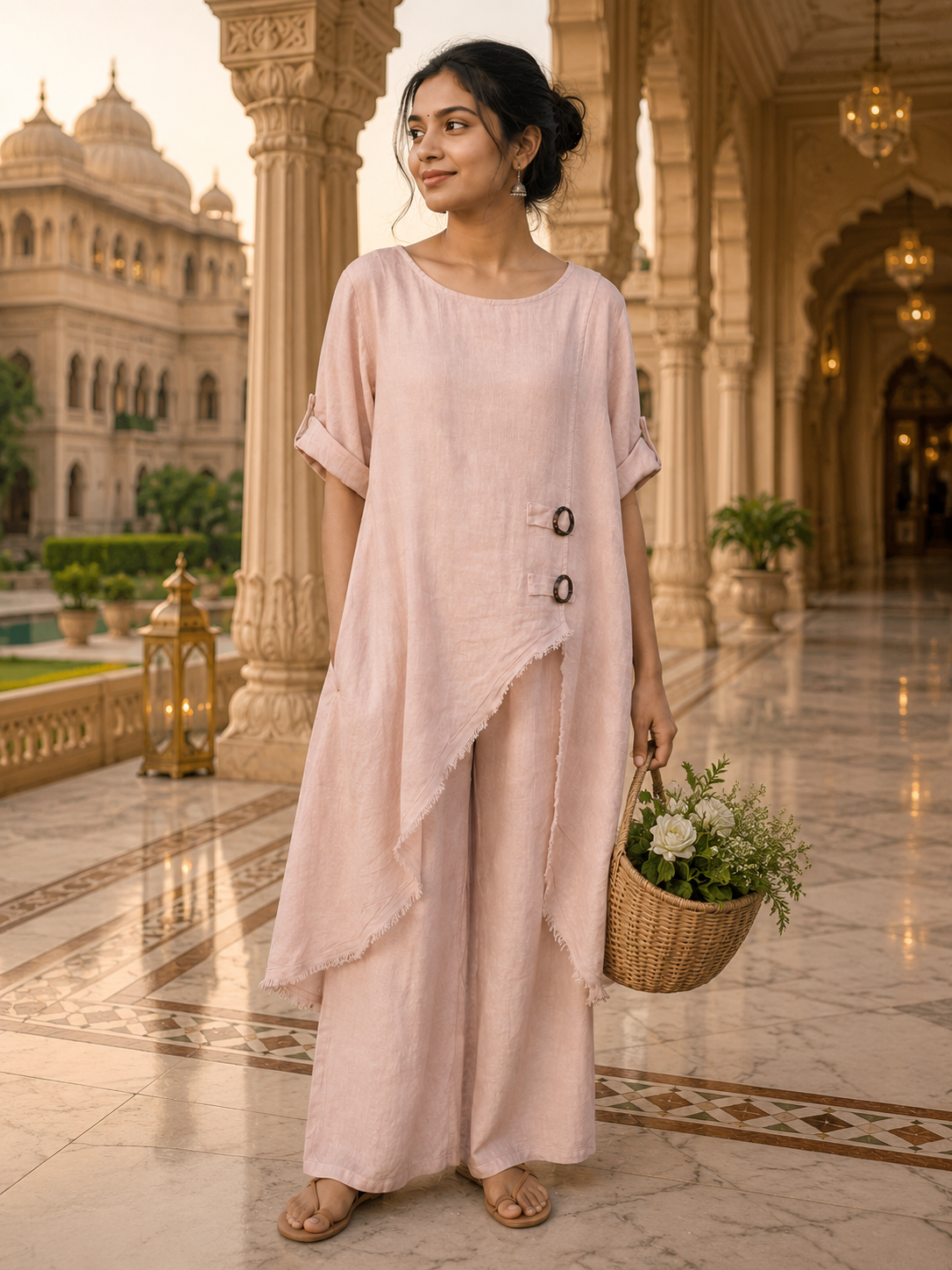 Italian linen, Made in Italy,Linen set with brown buttons