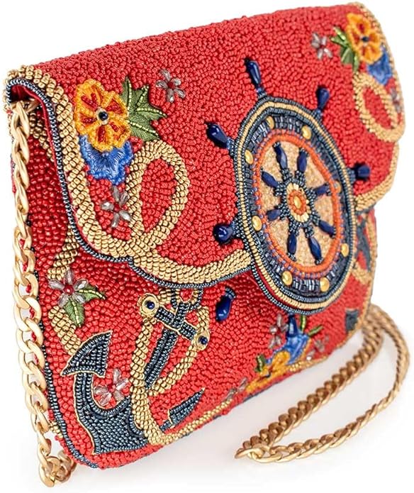 Mary Frances Captain's Helm Beaded Crossbody Handbag Nautical Wheel Clutch Purse Anchor Embellished Evening Bag, Red