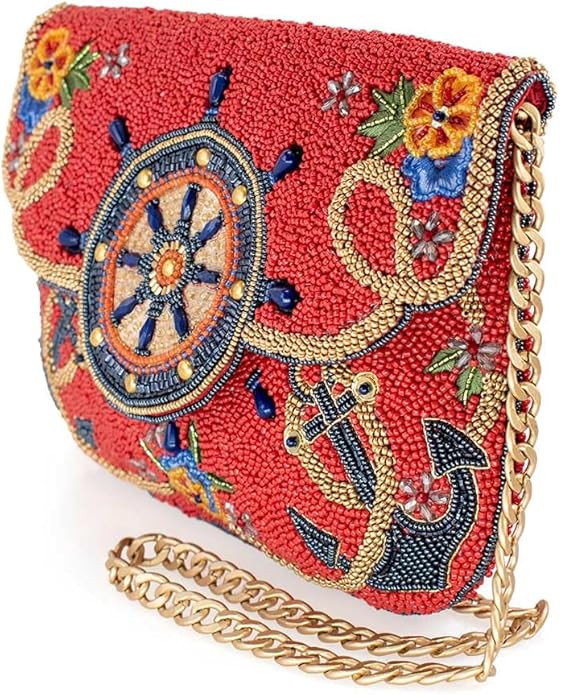 Mary Frances Captain's Helm Beaded Crossbody Handbag Nautical Wheel Clutch Purse Anchor Embellished Evening Bag, Red