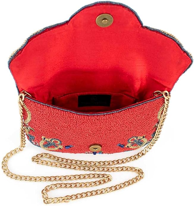 Mary Frances Captain's Helm Beaded Crossbody Handbag Nautical Wheel Clutch Purse Anchor Embellished Evening Bag, Red