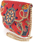 Mary Frances Captain's Helm Beaded Crossbody Handbag Nautical Wheel Clutch Purse Anchor Embellished Evening Bag, Red