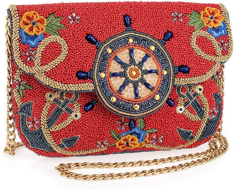 Mary Frances Captain's Helm Beaded Crossbody Handbag Nautical Wheel Clutch Purse Anchor Embellished Evening Bag, Red