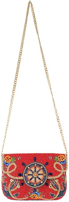 Mary Frances Captain's Helm Beaded Crossbody Handbag Nautical Wheel Clutch Purse Anchor Embellished Evening Bag, Red