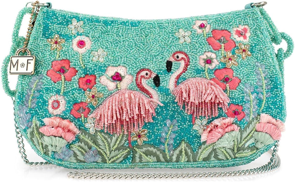Mary Frances Flirty Flamingos Beaded Crossbody Handbag Clutch Tropical Bird Novelty Purse, Multicolor