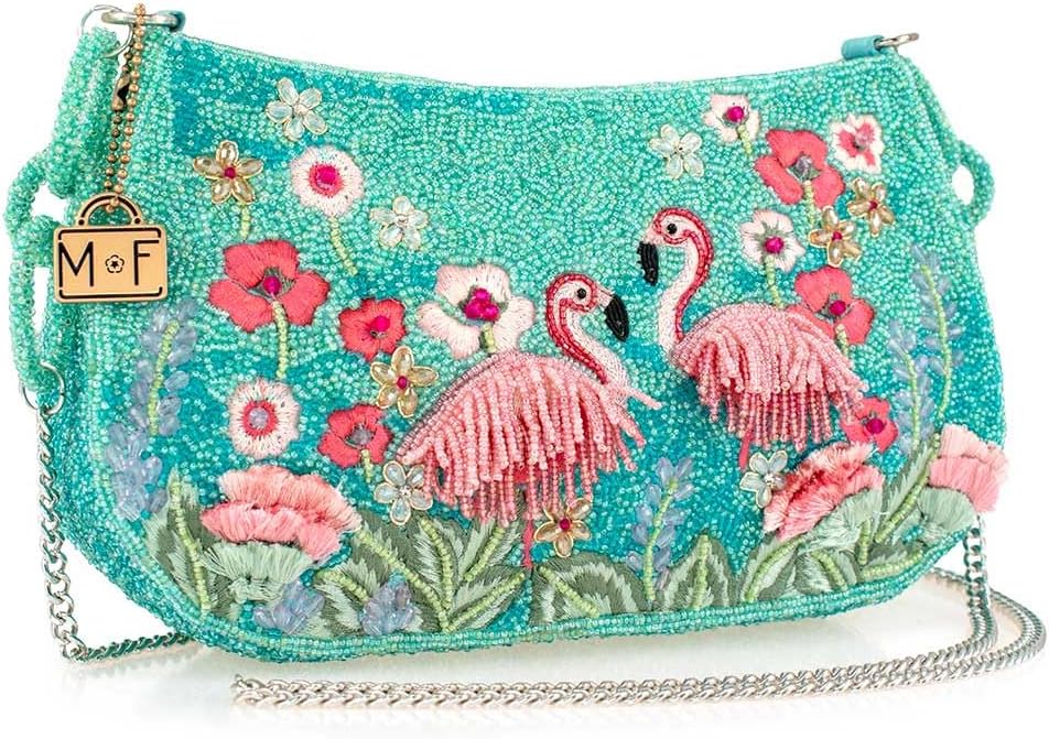 Mary Frances Flirty Flamingos Beaded Crossbody Handbag Clutch Tropical Bird Novelty Purse, Multicolor