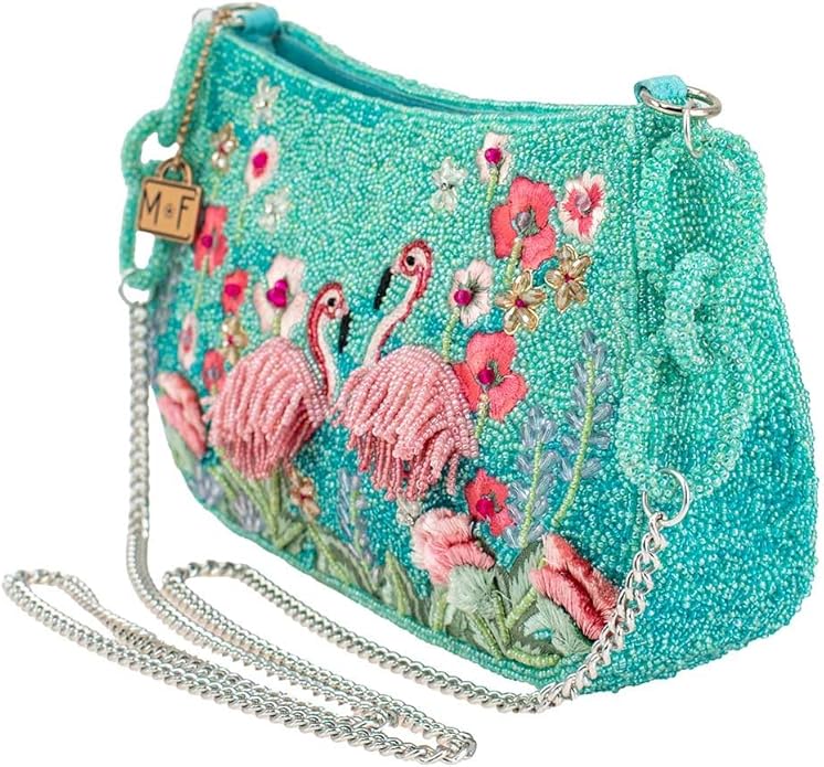 Mary Frances Flirty Flamingos Beaded Crossbody Handbag Clutch Tropical Bird Novelty Purse, Multicolor