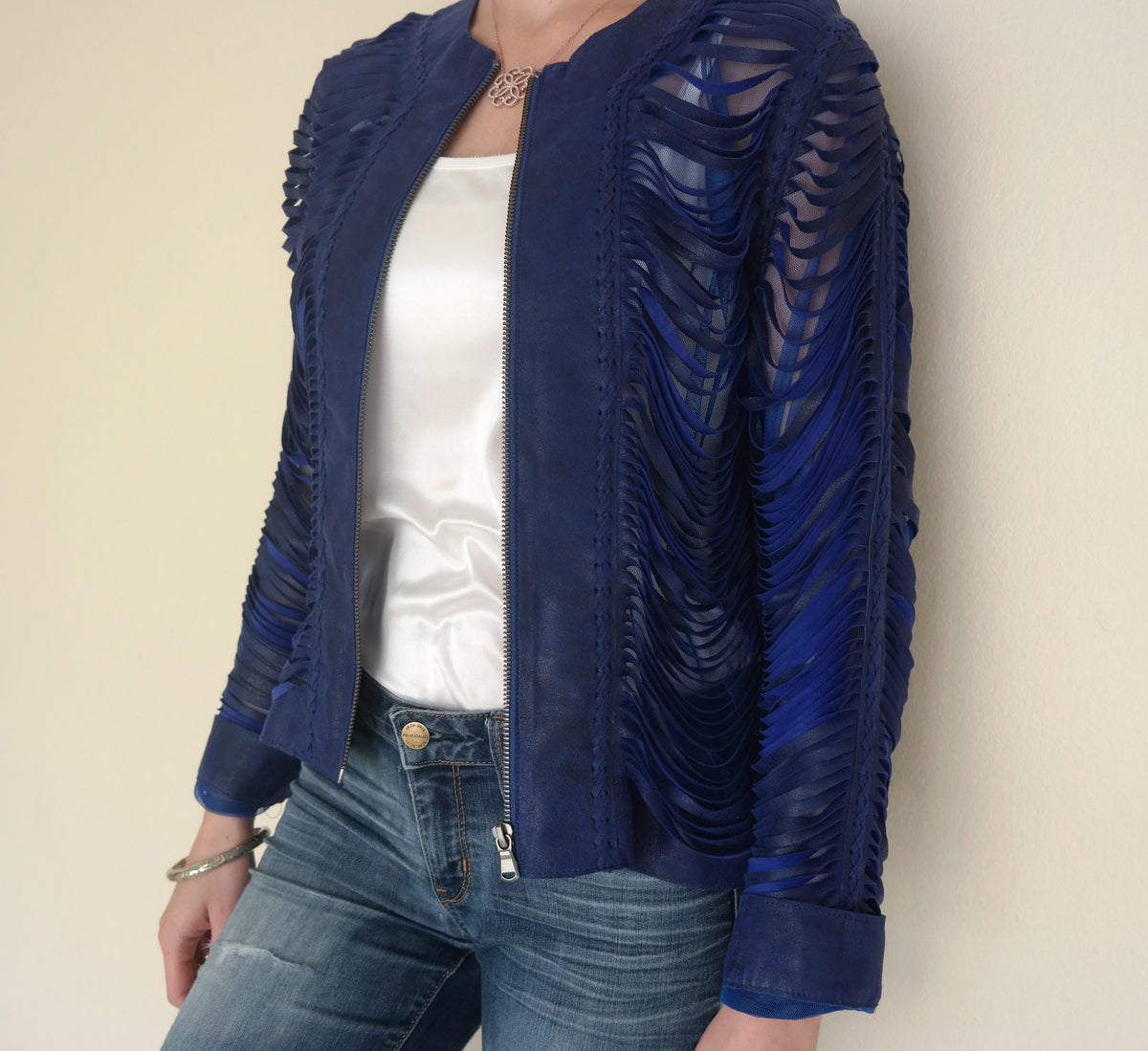 Royal Blue Shredded Leather Jacket