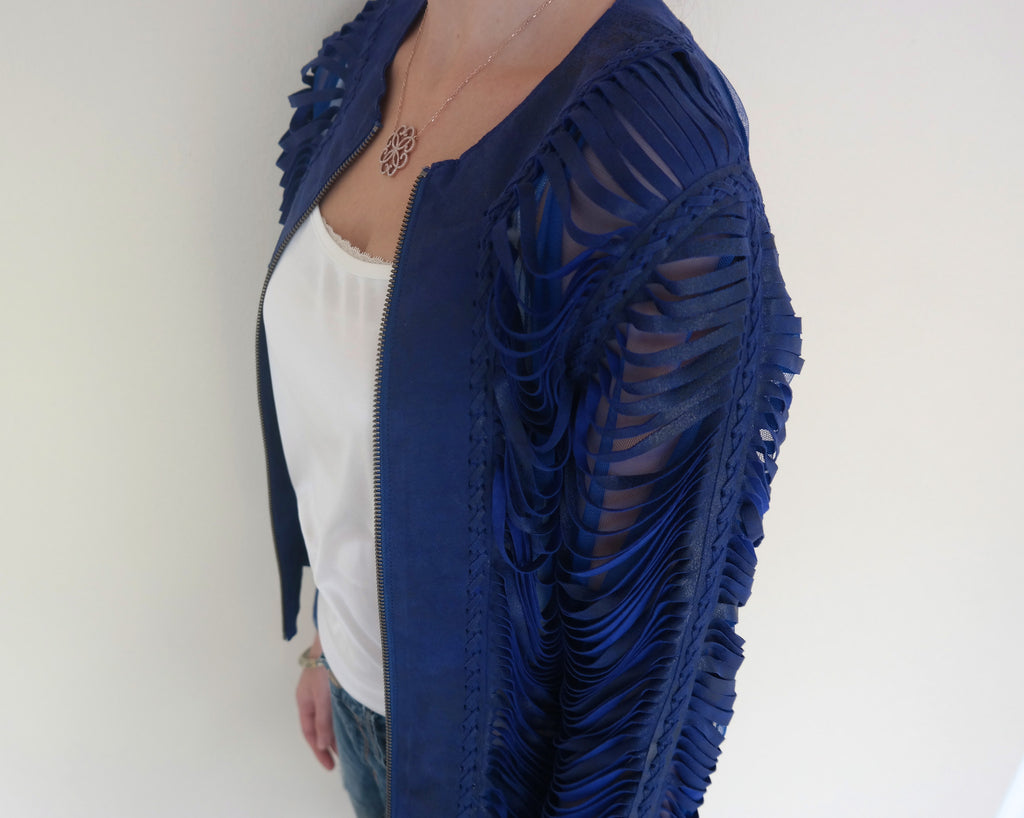 Royal Blue Shredded Leather Jacket
