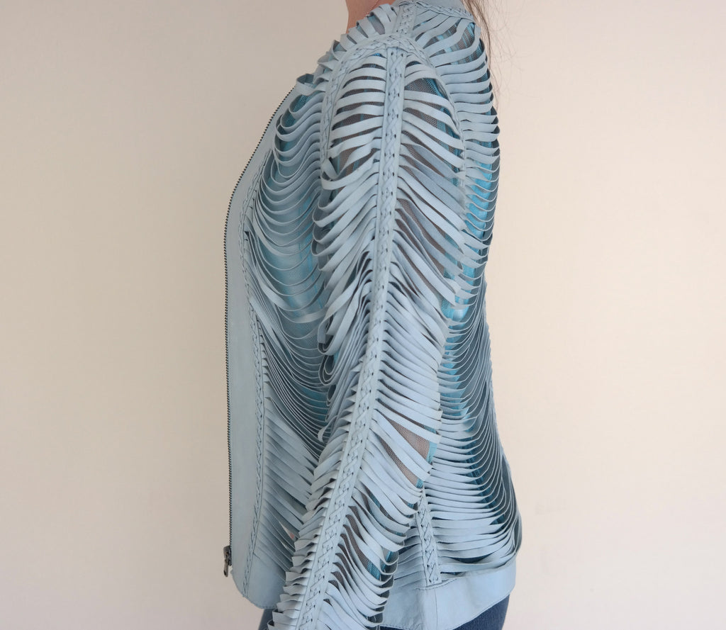 Light Blue Shredded Leather Jacket