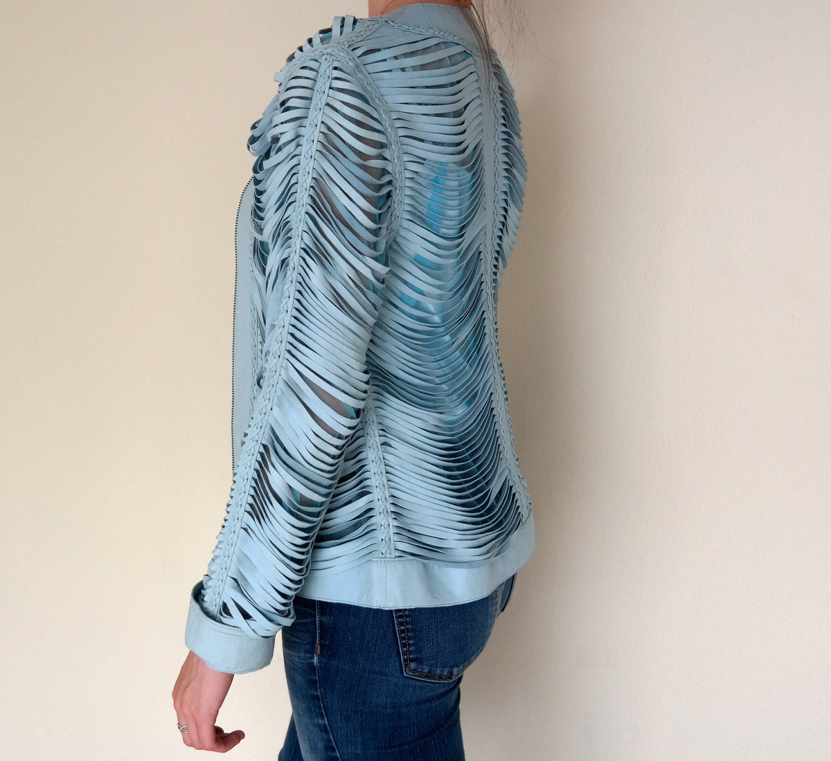 Light Blue Shredded Leather Jacket
